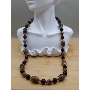 Vintage Root Bear Brown and Black Lucite Beaded Necklace w gold Toned Stations